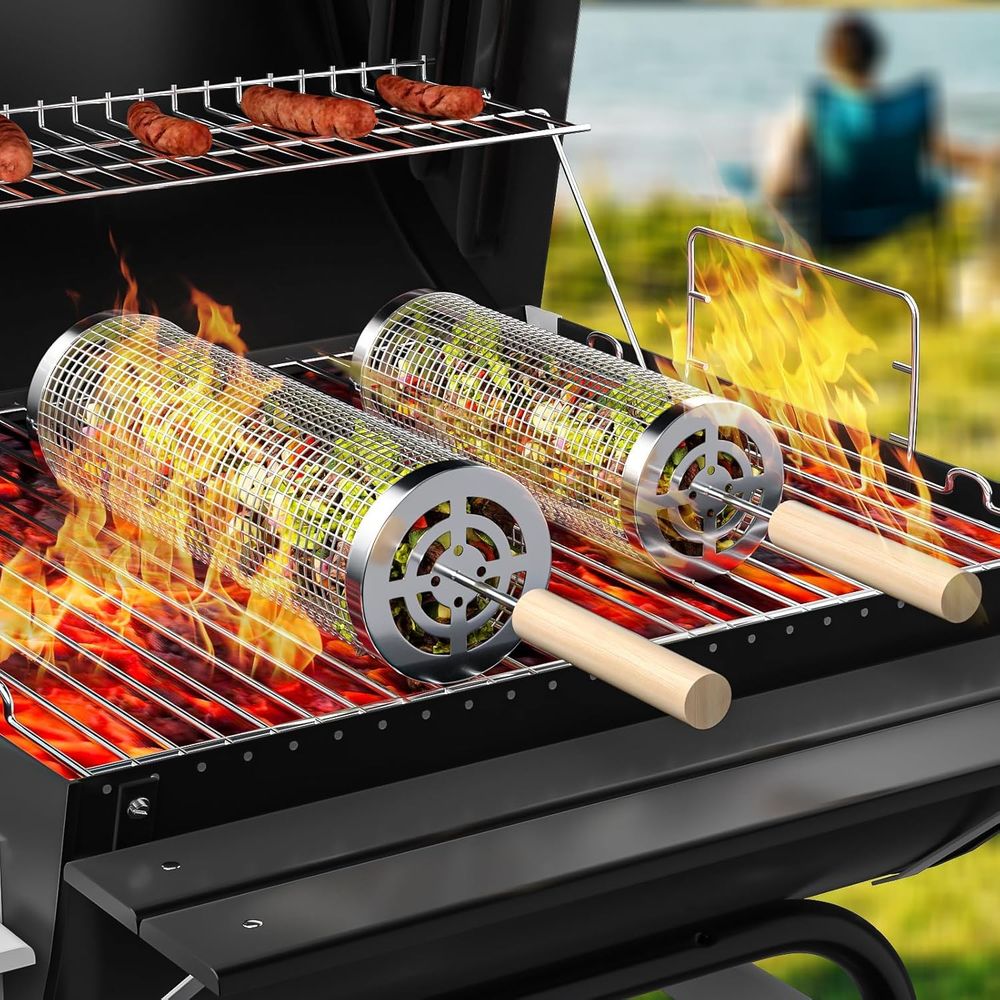 Camping Cooking Basket - Set of 2 Stainless Steel BBQ