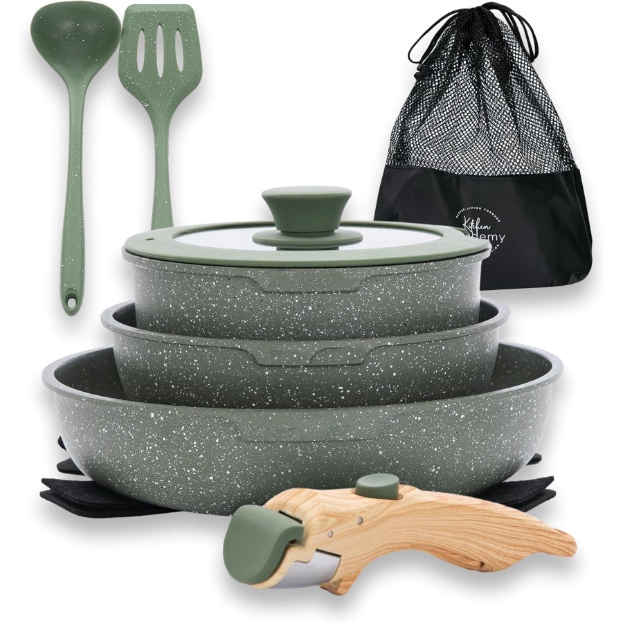 Camping Cooking Set Detachable Handle - 10 Pcs Non-Stick Kitchen Cookware Set