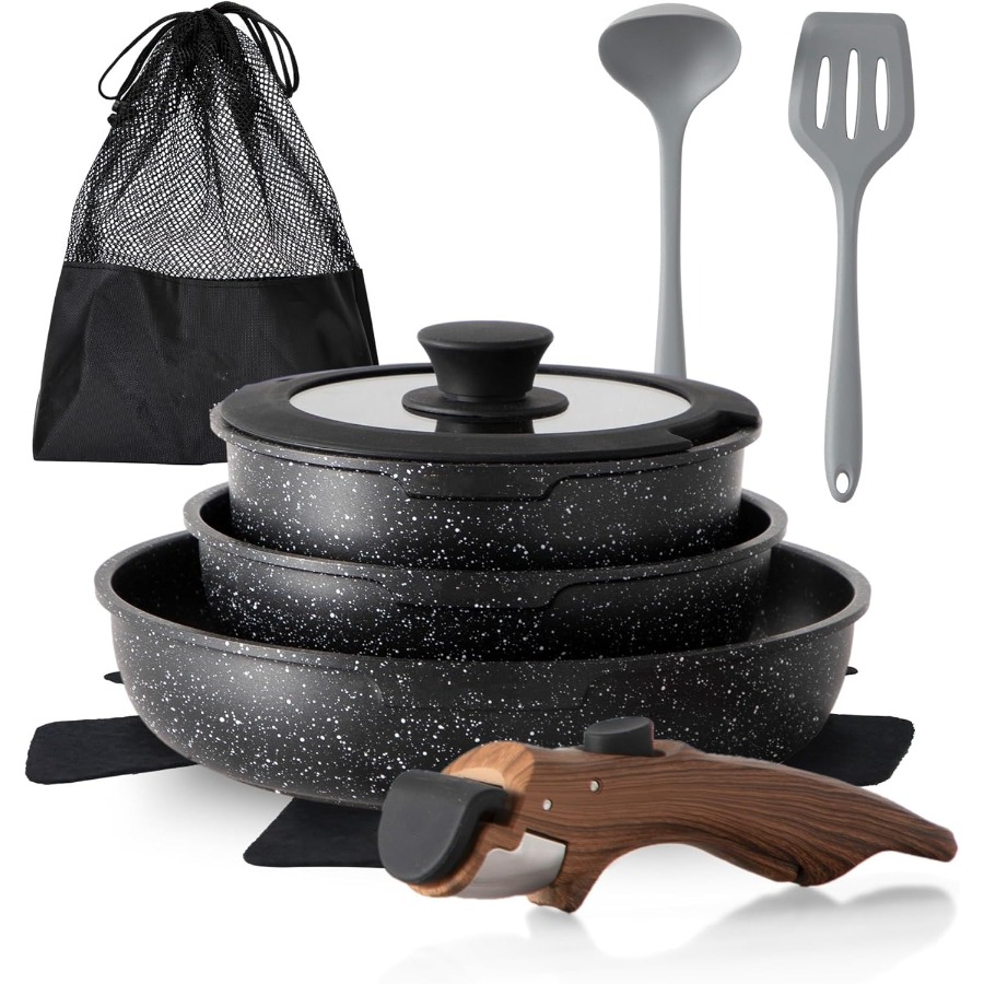 Camping Cooking Set Detachable Handle - 10 Pcs Non-Stick Kitchen Cookware Set