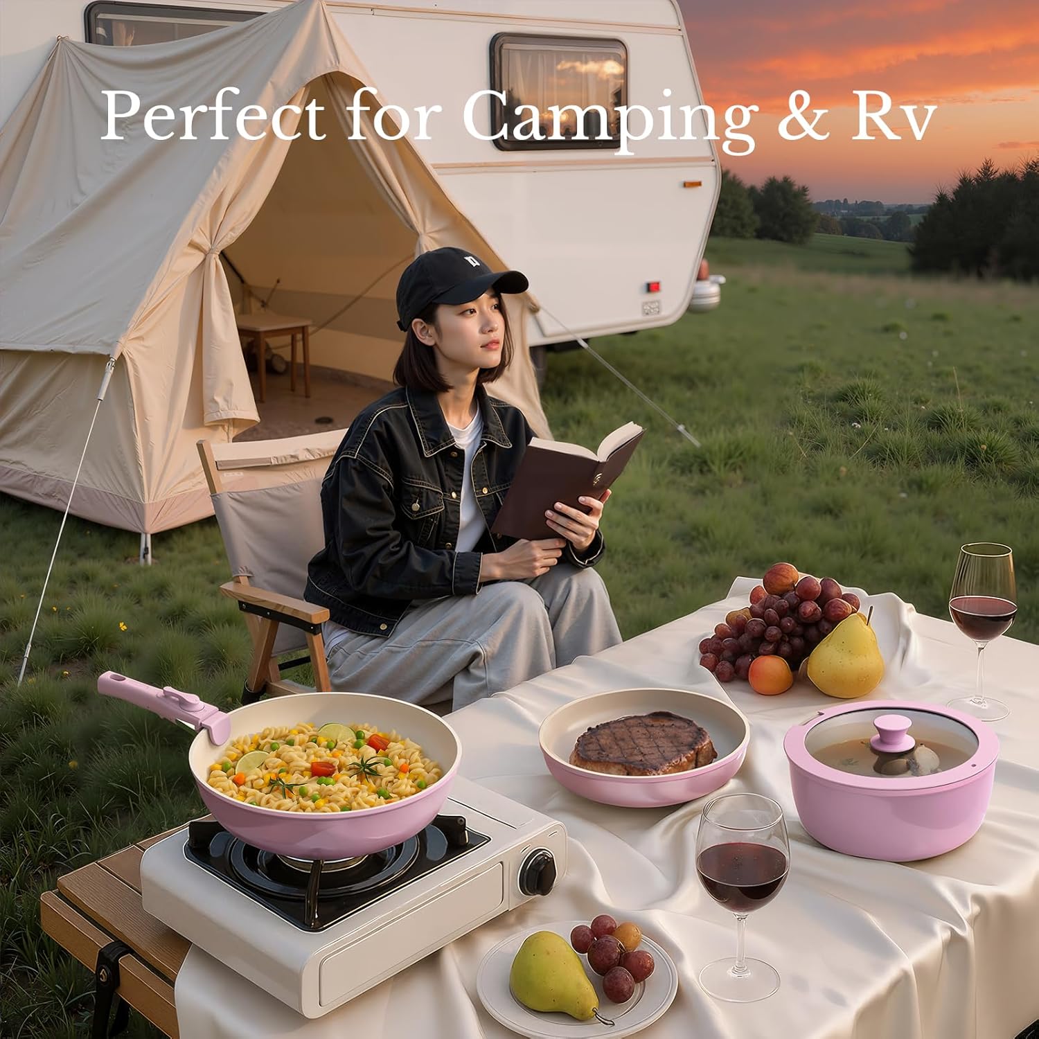 Pots and Pans Set Non Stick, C - Camping Cooking Set Detachable Handle 评论和价格