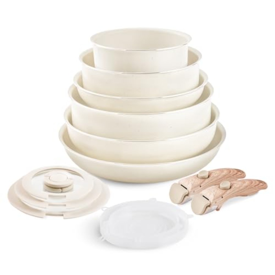 Beige Nonstick Cookware Set wi - Camping Cooking Set Detachable Handle 评论和价格