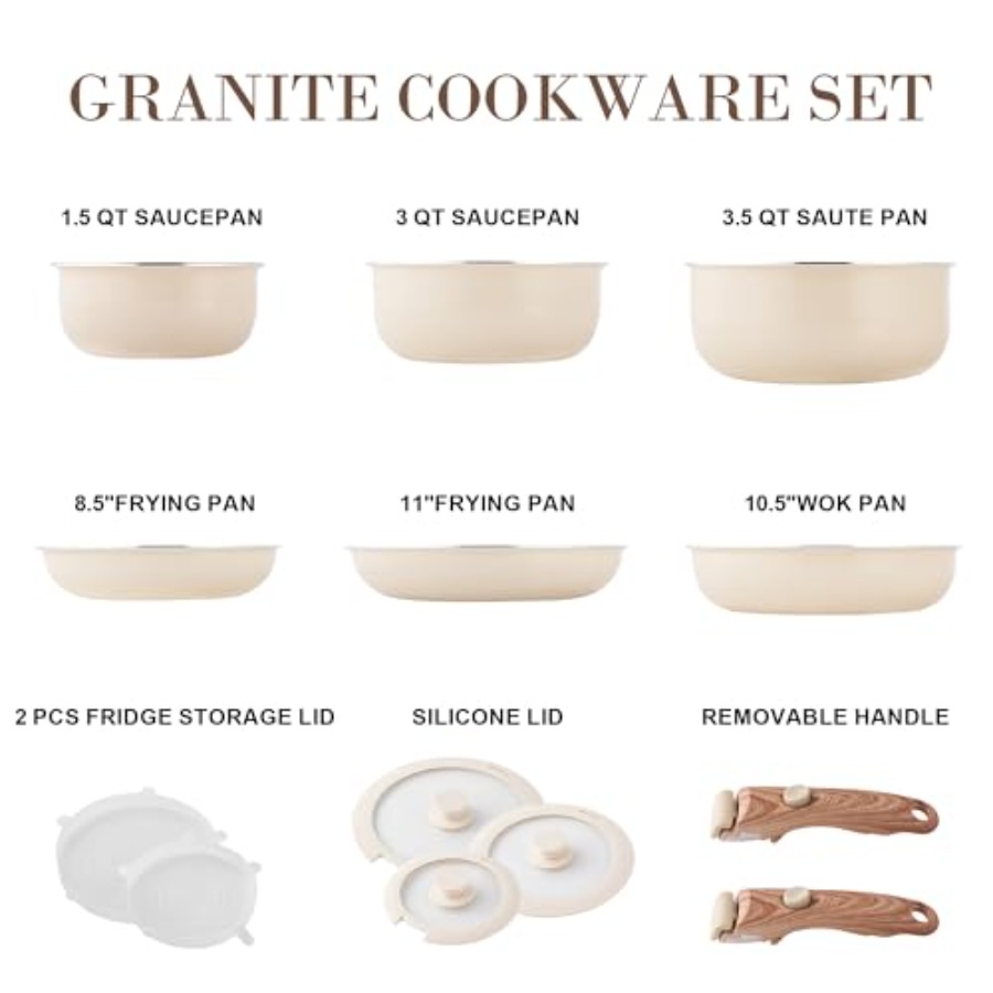 Beige Nonstick Cookware Set wi - Camping Cooking Set Detachable Handle 评论和价格