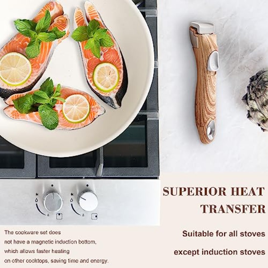 Beige Nonstick Cookware Set wi - Camping Cooking Set Detachable Handle 评论和价格