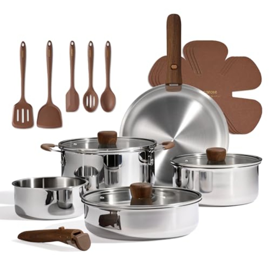 19pcs Stainless Steel Cookware - Camping Cooking Set Detachable Handle 评论和价格