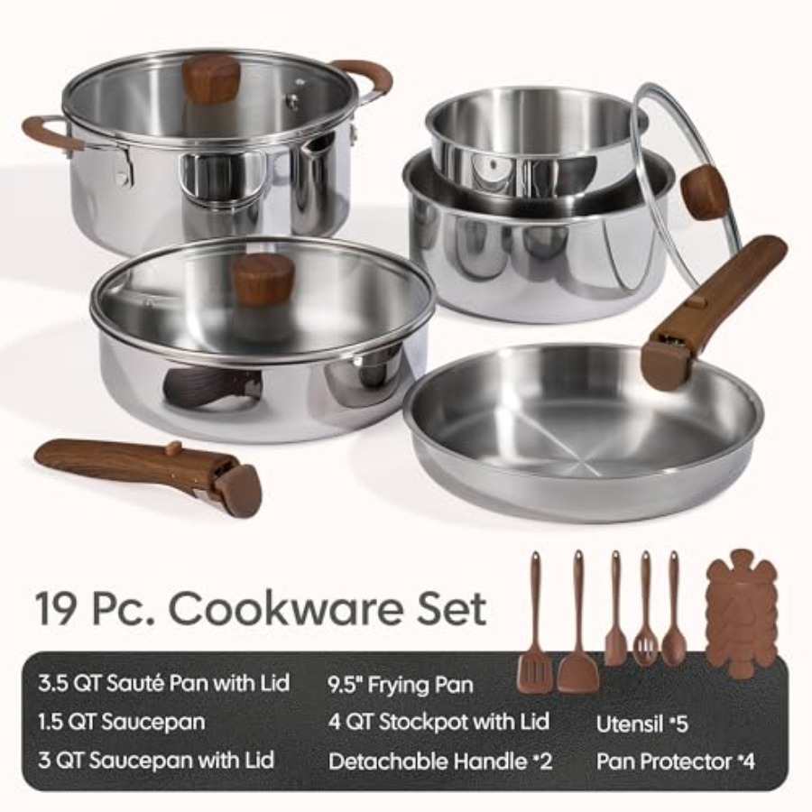 19pcs Stainless Steel Cookware - Camping Cooking Set Detachable Handle 评论和价格