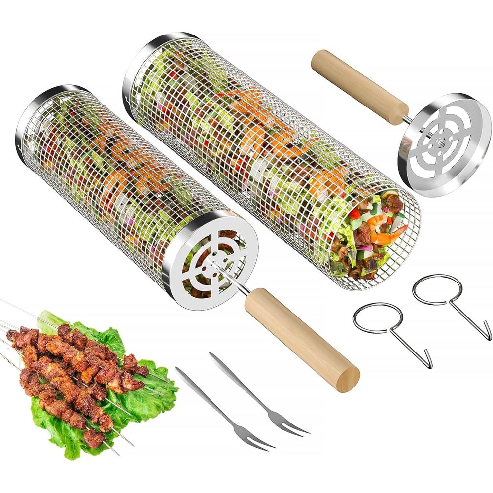 Set of 2 Stainless Steel BBQ G - Camping Cooking Basket 评论和价格