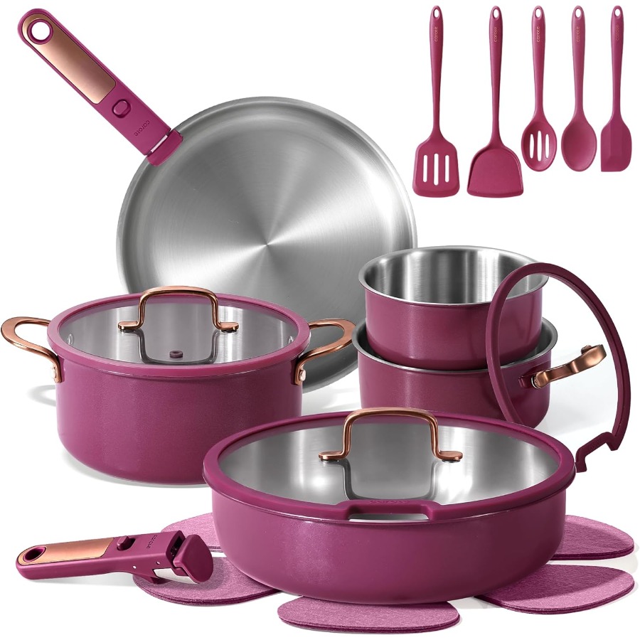 19pcs TriPly Stainless Steel C - Camping Cooking Set Detachable Handle 评论和价格