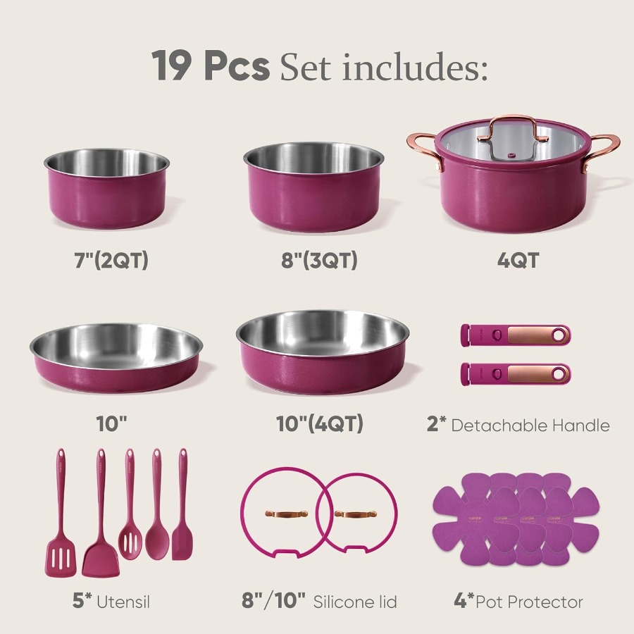 19pcs TriPly Stainless Steel C - Camping Cooking Set Detachable Handle 评论和价格