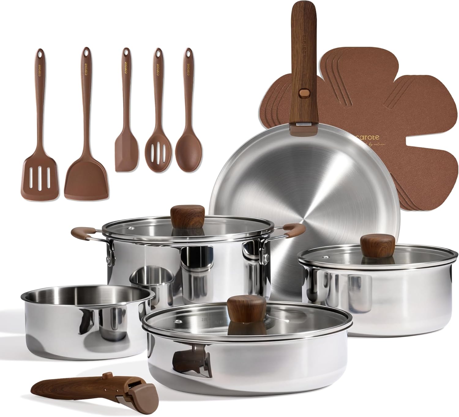 19pcs Stainless Steel Cookware - Camping Cooking Set Detachable Handle 评论和价格
