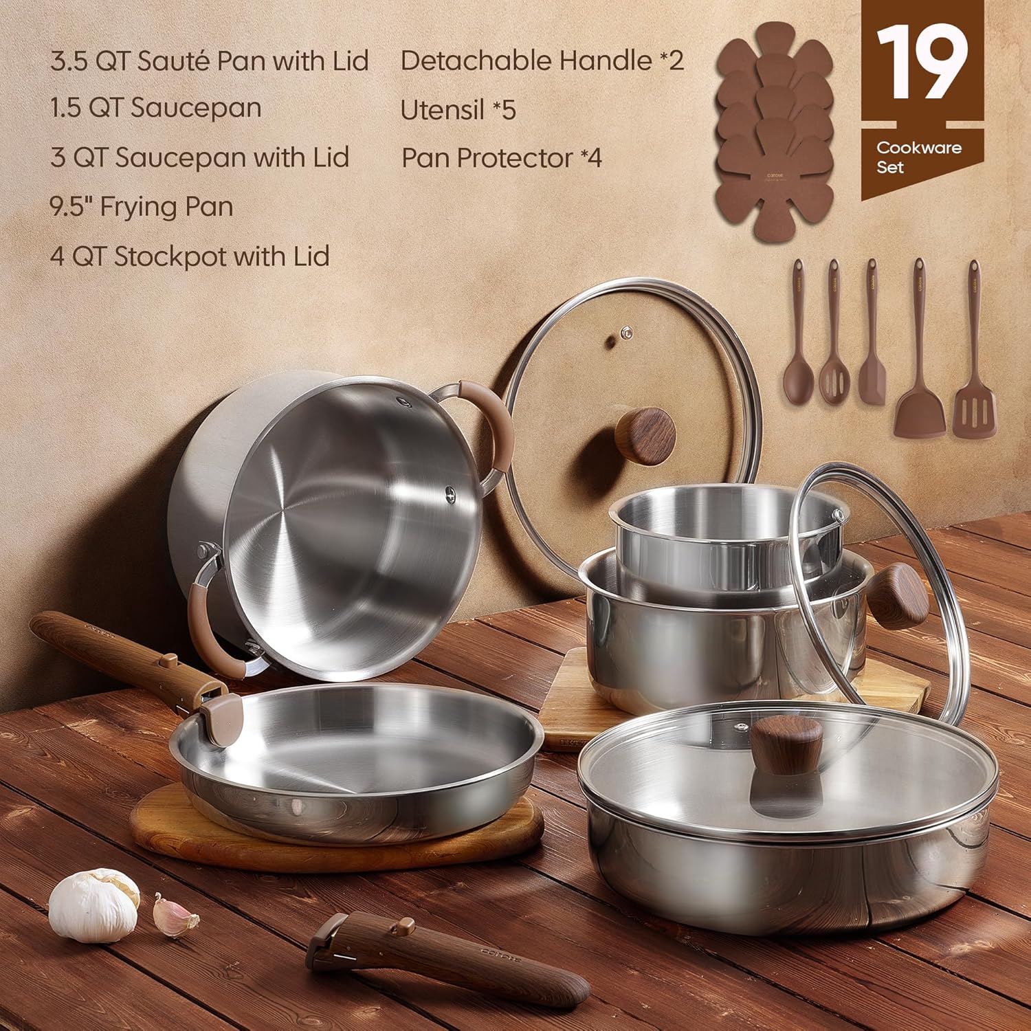 19pcs Stainless Steel Cookware - Camping Cooking Set Detachable Handle 评论和价格