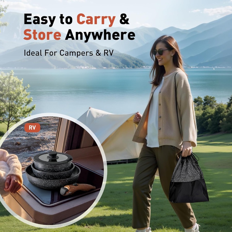 10 Pcs Non-Stick Kitchen Cookw - Camping Cooking Set Detachable Handle 评论和价格